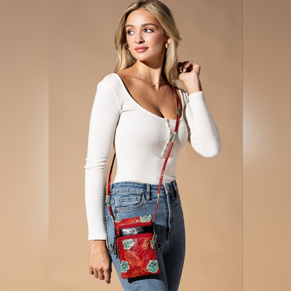 Cellphone Crossbody Bag Vibrant Artisan Hand-Painted & Embossed Genuine Leather - Picture 2 of 7